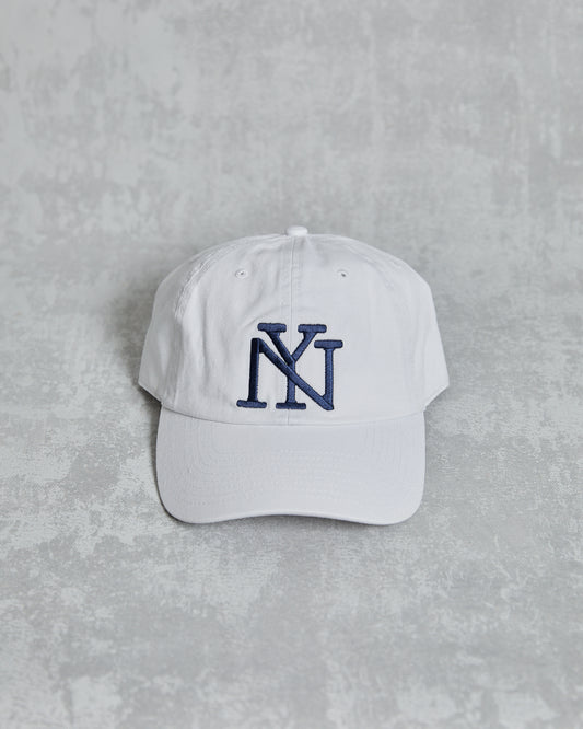 White NEW YORK NUTJOB baseball cap hat with navy New York logo embroidery 