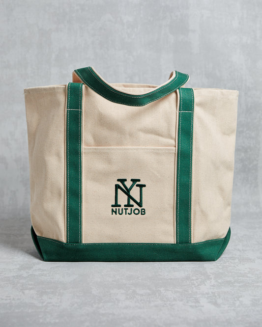 Green & cream Heavy Duty Canvas tote with embroidered NEW YORK NUTJOB logo