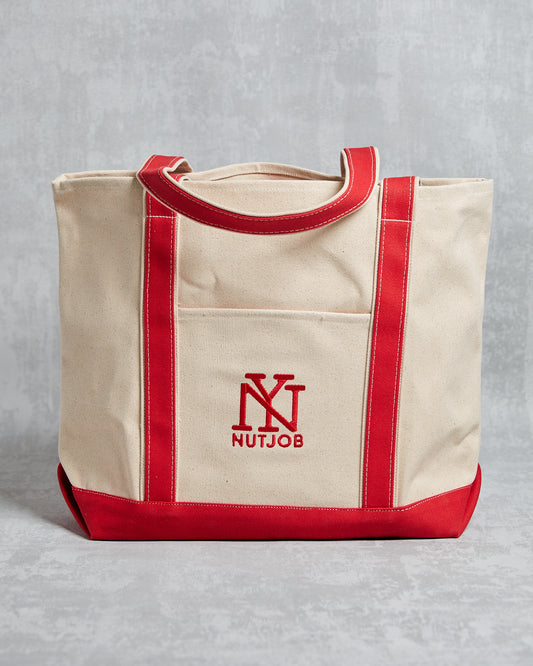 Red Heavy Duty Canvas tote with embroidered NEW YORK NUTJOB logo